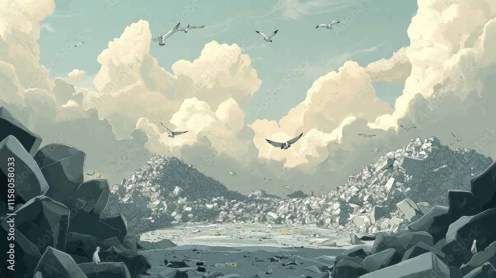 Poster Seagulls soaring above a massive landfill with clouds creating a dramatic backdrop and ample space for text insertion. Generative AI