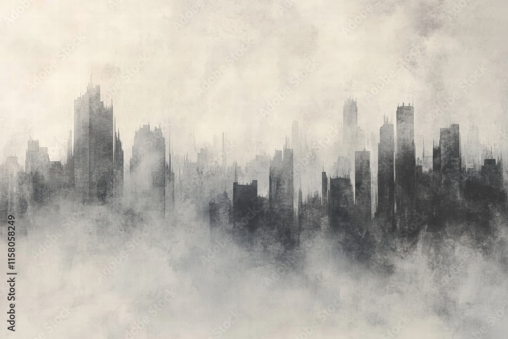 Poster dense smog blankets sprawling city skyline, obscuring buildings and altering visibility during early