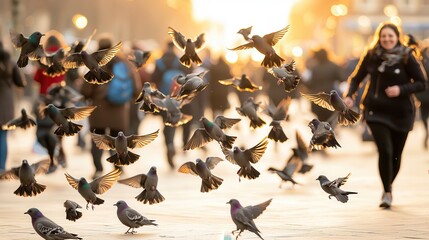Fototapeta premium Sunlit Street Scene with Flying Pigeons and People Walking