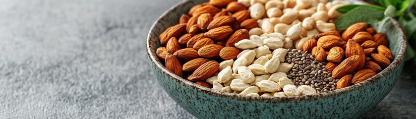 Obraz premium A bowl of organic superfoods like nuts and seeds on a clean surface, generous copy space, natural wellness, ecofriendly nutrition