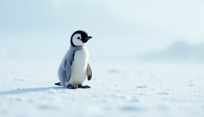 Fototapeta premium Adorable penguin standing in Antarctica with a calm expression in a snowy landscape
