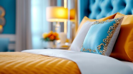A beautifully decorated bedroom featuring elegant bedding and vibrant colors.