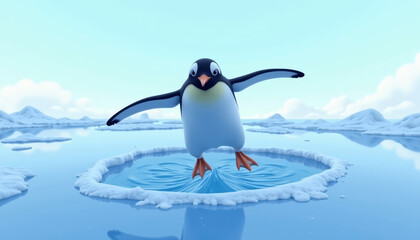 Obraz premium Playful penguin sliding on ice in a vibrant Antarctic landscape