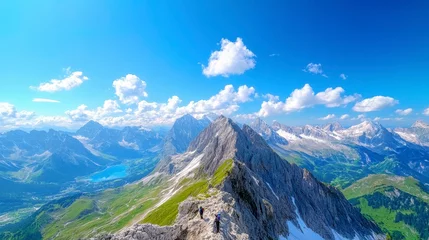 Rolgordijnen zonder boren A breathtaking mountain landscape with hikers, showcasing peaks and a serene lake below. © khairulz