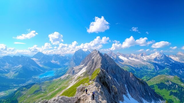 A breathtaking mountain landscape with hikers, showcasing peaks and a serene lake below.