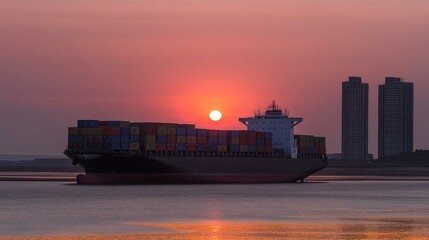 Obraz premium A cargo ship loaded with colorful containers sails past a sunset, with tall buildings silhouetted against the glowing sky, creating a serene industrial landscape.