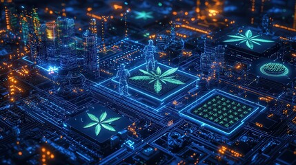 Futuristic Cityscape with Neon Plants and Digital Elements