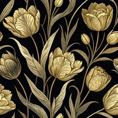Golden Tulip Floral Seamless Pattern, Fabric texture and Textile pattern on Black Background