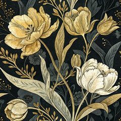 Golden Tulip Floral Seamless Pattern, Fabric texture and Textile pattern on Black Background