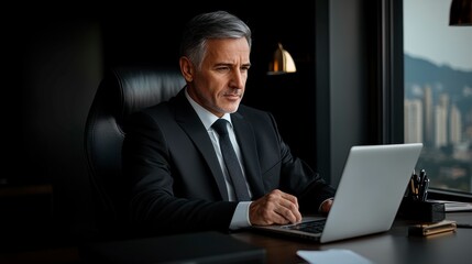 A businessman working intently on a laptop in a modern office setting.