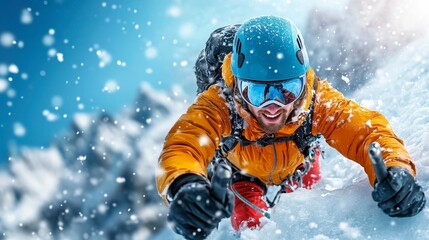 A climber ascends a snowy mountain, showcasing determination and adventure in extreme conditions.
