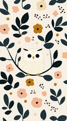 Fototapeta premium A whimsical illustration featuring an owl perched on a branch surrounded by colorful flowers and leaves, creating a playful and nature-inspired design.