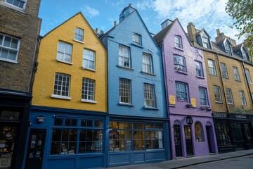 Colorful terraced houses with shops on a city street.