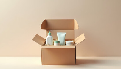 Open gift box containing personal care products on a soft background