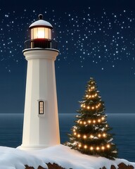 A serene winter scene featuring a lighthouse beside a decorated Christmas tree, set against a starry night sky over calm waters.