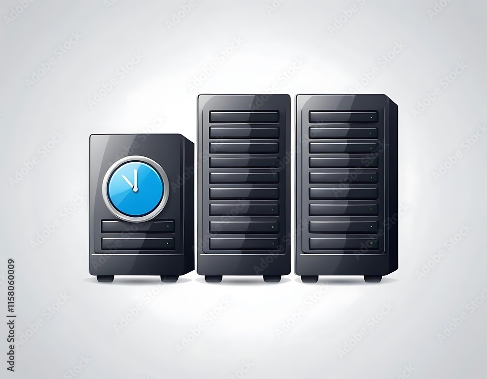 Poster three black servers with a clock showing system time
