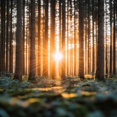 Obraz premium A serene forest scene at sunrise, with sunlight filtering through tall trees, creating a peaceful atmosphere.