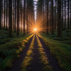 Fototapeta premium A serene forest path illuminated by the sun's rays, creating a tranquil atmosphere surrounded by tall trees and lush greenery.
