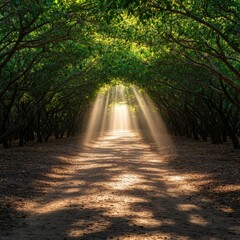 Fototapeta premium A serene pathway through a lush green forest, illuminated by rays of sunlight filtering through the canopy, creating a peaceful and enchanting atmosphere.