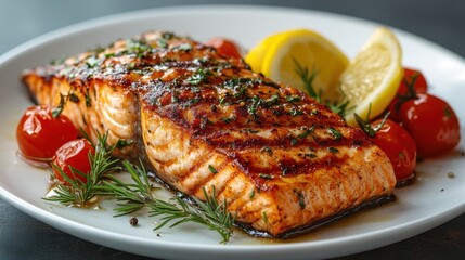 Grilled Salmon Fillet with Lemon and Tomatoes