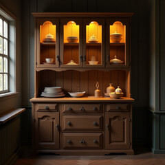 Warmly lit wooden cabinet showcasing dishes and decor in a cozy setting