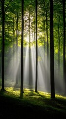 Obraz premium A serene forest scene illuminated by sunlight streaming through tall trees, creating a tranquil atmosphere with lush greenery and soft shadows on the ground.