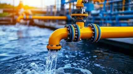 A close-up of a yellow industrial pipe discharging water in a facility.
