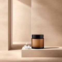 A minimalist display featuring a brown jar on a pedestal, accompanied by a small white decorative object, set against a soft, neutral background.