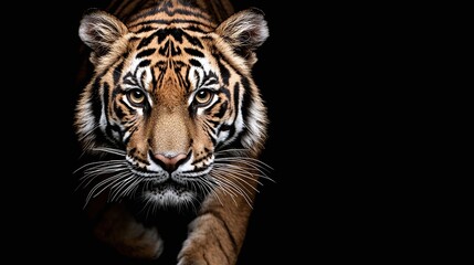 Close-up of a majestic tiger against a black background, showcasing its intense gaze and striking stripes.