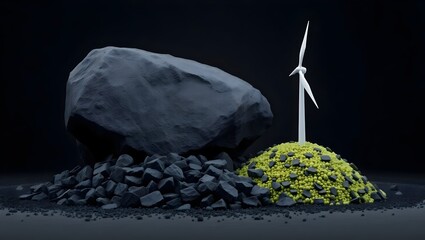 Coal vs wind turbine; background, fossil fuels vs renewable energy, wallpaper 