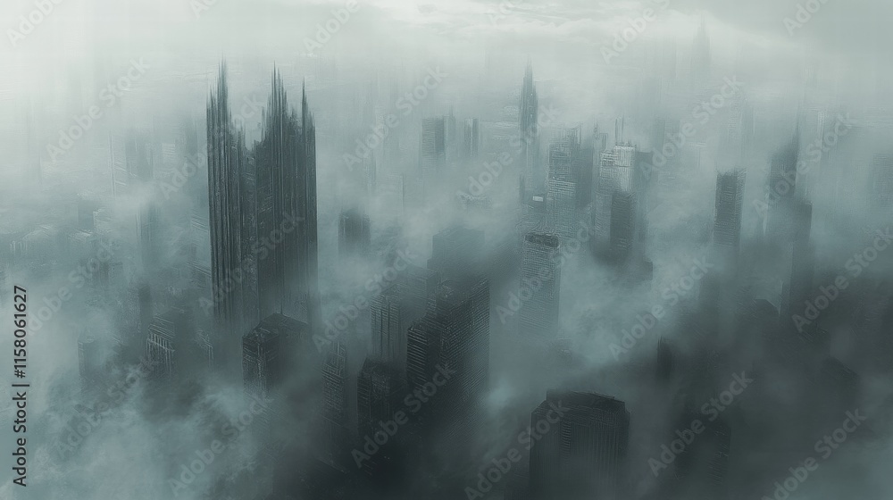 Poster dense smog blankets the city skyline, obscuring buildings and creating an eerie atmosphere during mo