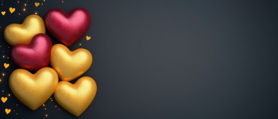 The image features colorful, shiny hearts in red and gold against a dark background, creating a romantic and festive atmosphere, ideal for celebrations like Valentine's Day.
