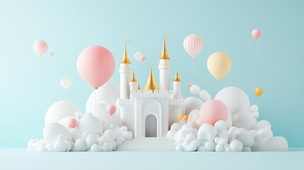 Dreamy Castle with Balloons and Clouds Background