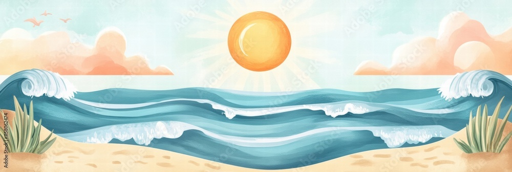 Poster sunrise over ocean waves with vibrant colors and serene beach landscape for creative projects. gener