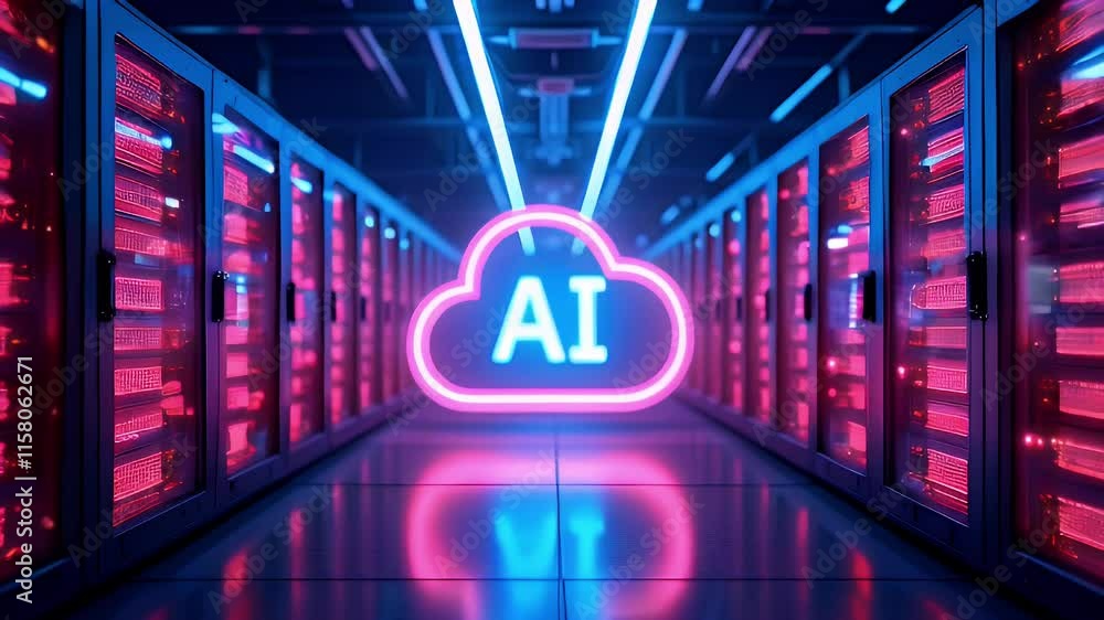 Aufkleber neon-lit server room with an ai cloud symbol, emphasizing technology and data processing.