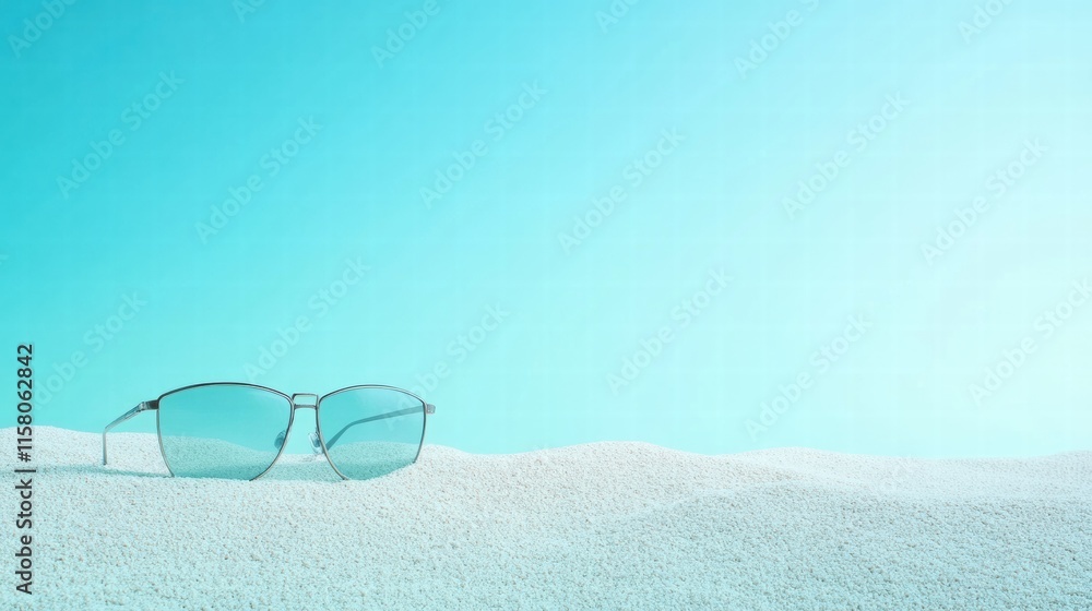 Poster stylish glasses resting on sandy beach in bright sunlight with ample space for text or logo. generat