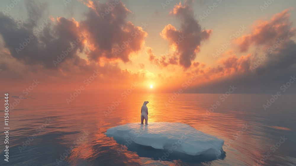 Aufkleber lonely polar bear stands on a small melting ice floe at sunset in the arctic ocean with reflections.