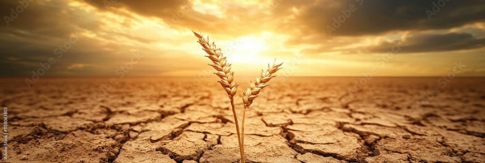 Poster dry barren field with a single withered wheat stalk standing against a vibrant sunset sky. generativ