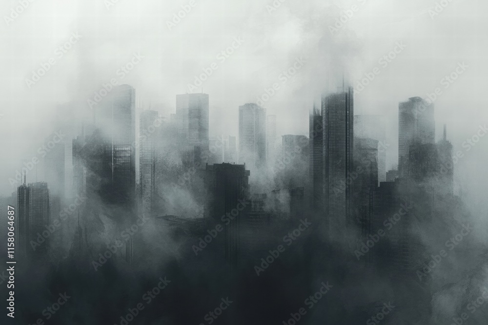 Aufkleber dense smog blankets a sprawling urban skyline creating an eerie atmosphere during early morning hour