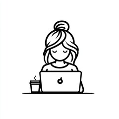 Woman working on laptop with coffee.