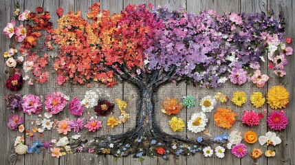Colorful Tree of Life Made with Floral Puzzle Pieces on Wood