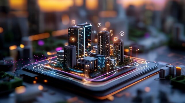 A futuristic cityscape model showcasing modern buildings and digital connectivity.