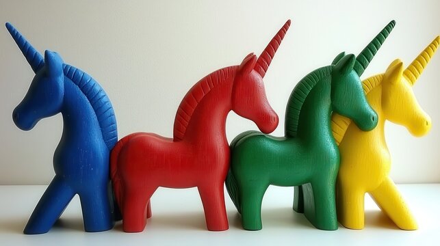 Colorful unicorn toys in a row, perfect for play and decoration
