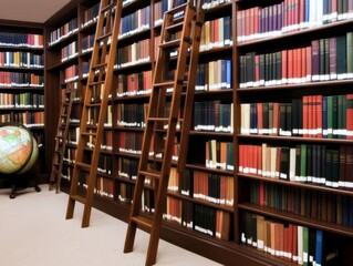 Obraz premium A cozy library interior featuring tall bookshelves filled with colorful books, wooden ladders for access, and a globe, creating a scholarly and inviting atmosphere for reading and study.