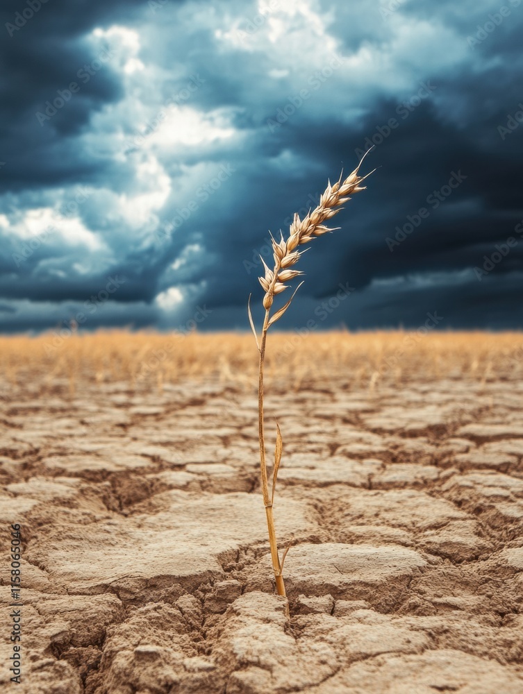 Poster dry barren field with withered wheat under dramatic skies in late afternoon. generative ai