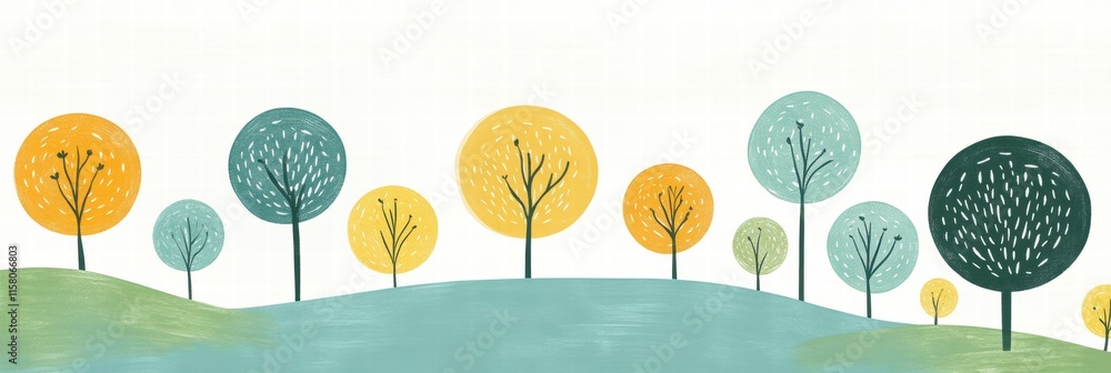 Poster Colorful naive art style landscape with trees and open space for creative text placement. Generative AI
