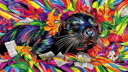 Colorful Seal Surrounded by Vibrant Flowers and Tropical Background