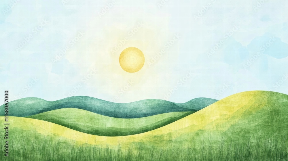 Aufkleber Bright sun shining over rolling green hills in a naive art style landscape with space for text and mockup. Generative AI