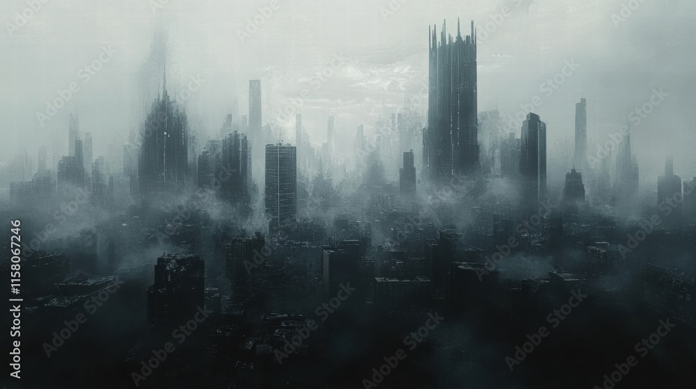 Poster dense smog blankets the sprawling city skyline obscuring buildings and creating a mysterious atmosph