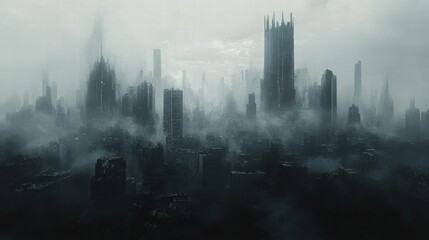 Dense smog blankets the sprawling city skyline obscuring buildings and creating a mysterious atmosphere. Generative AI